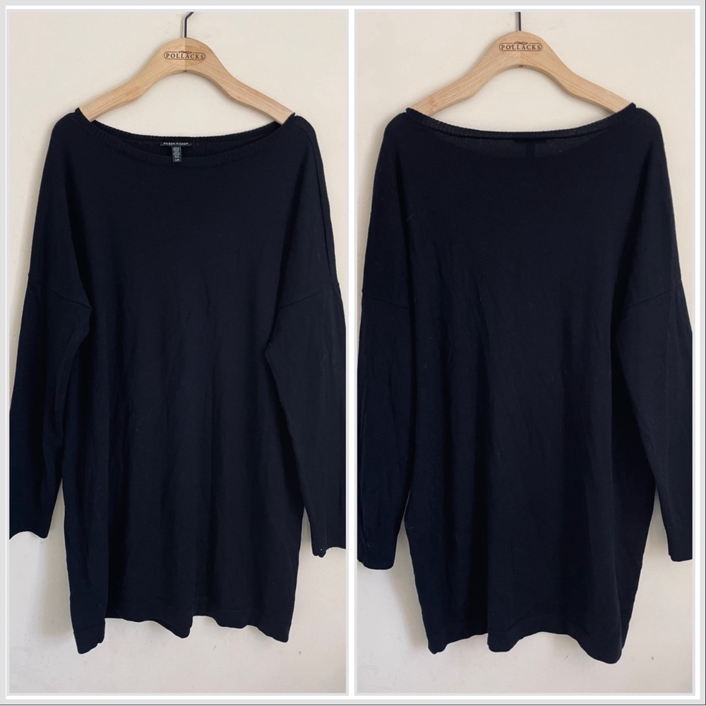 Eileen Fisher Merino Wool Boat Neck Tunic Sweater Black size L